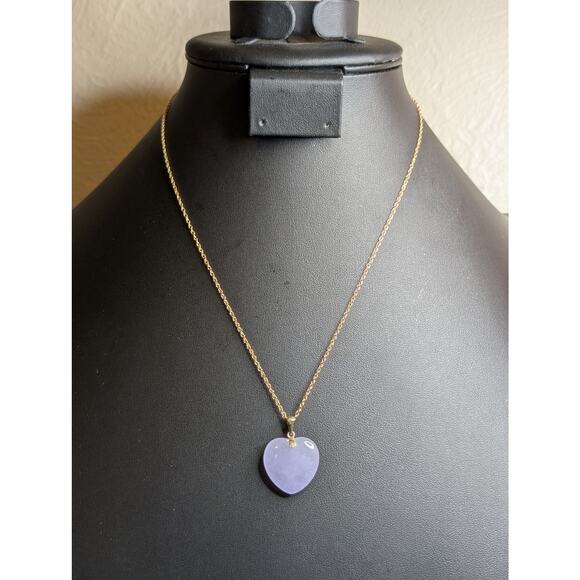 Lavender Jade Heart 14k Yellow Gold Pendant 18" Rope Chain Necklace - Picture 6 of 7